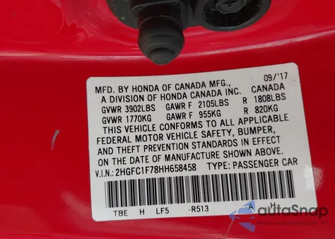 2017 Honda Civic Ex-L z USA, uszkodzony, nr VIN 2HGFC1F78HH658458